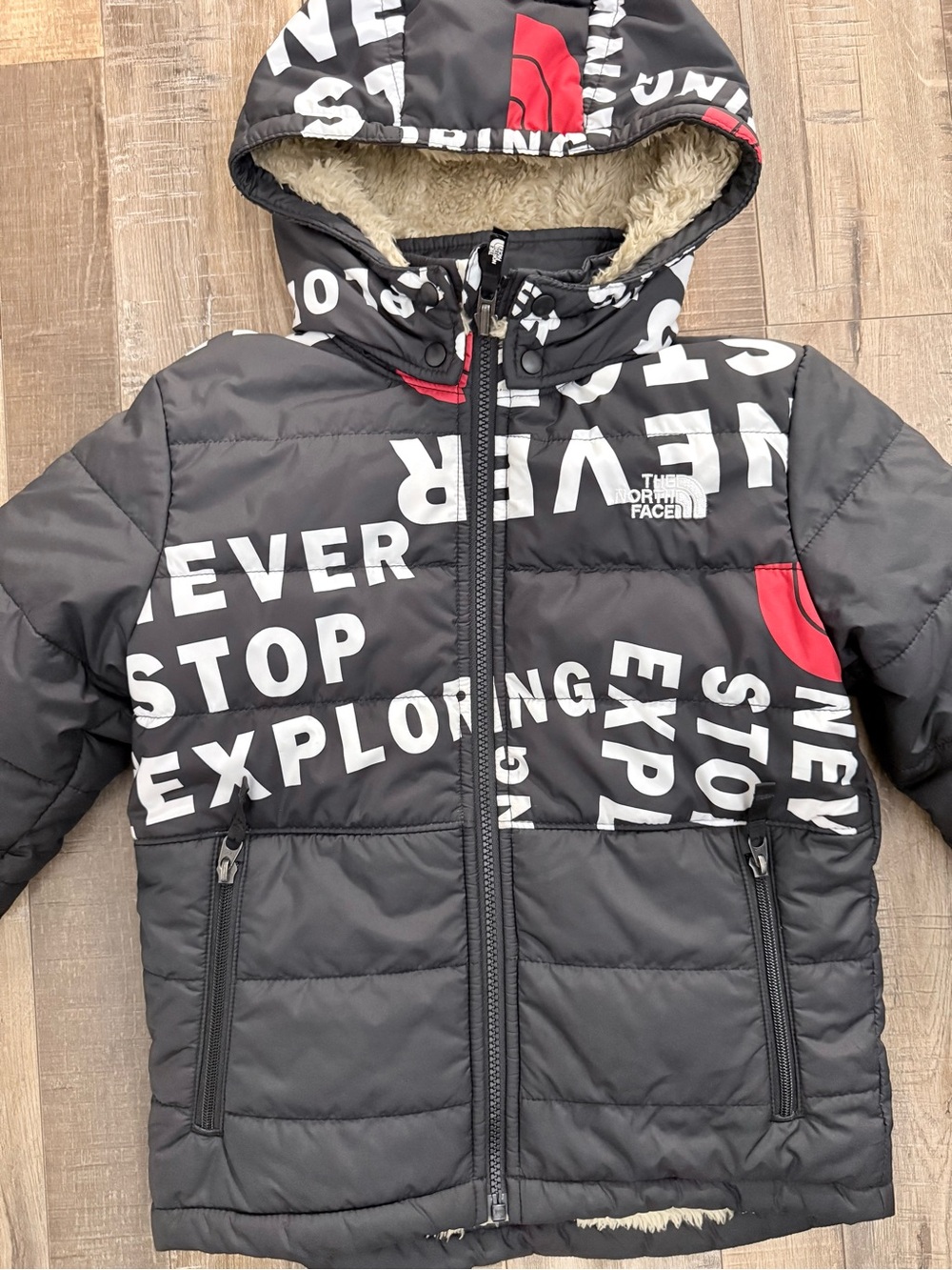 The North Face Kids Black Puffer Jacket with White Lettering and Red Accents